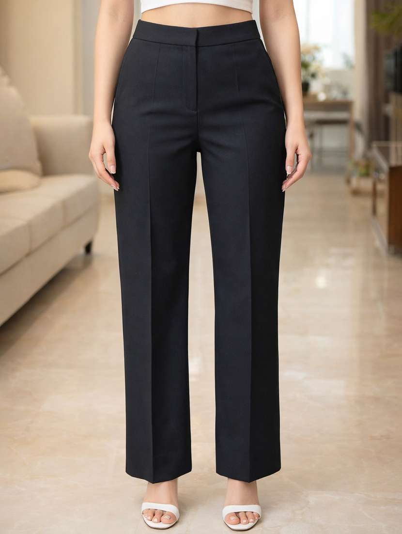 women solid high rise straight trouser
