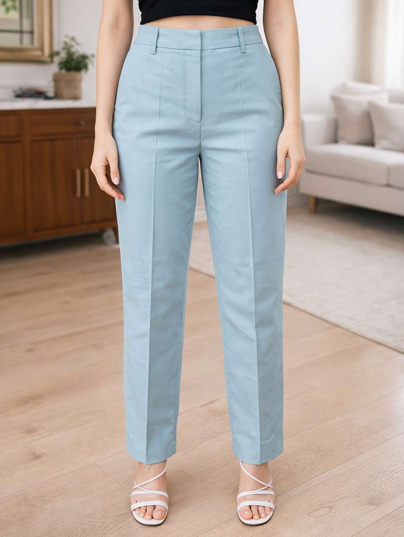 women solid high rise straight trouser