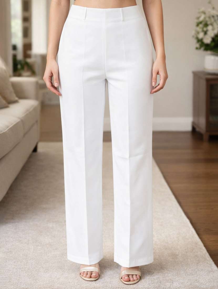 women solid high rise straight trouser
