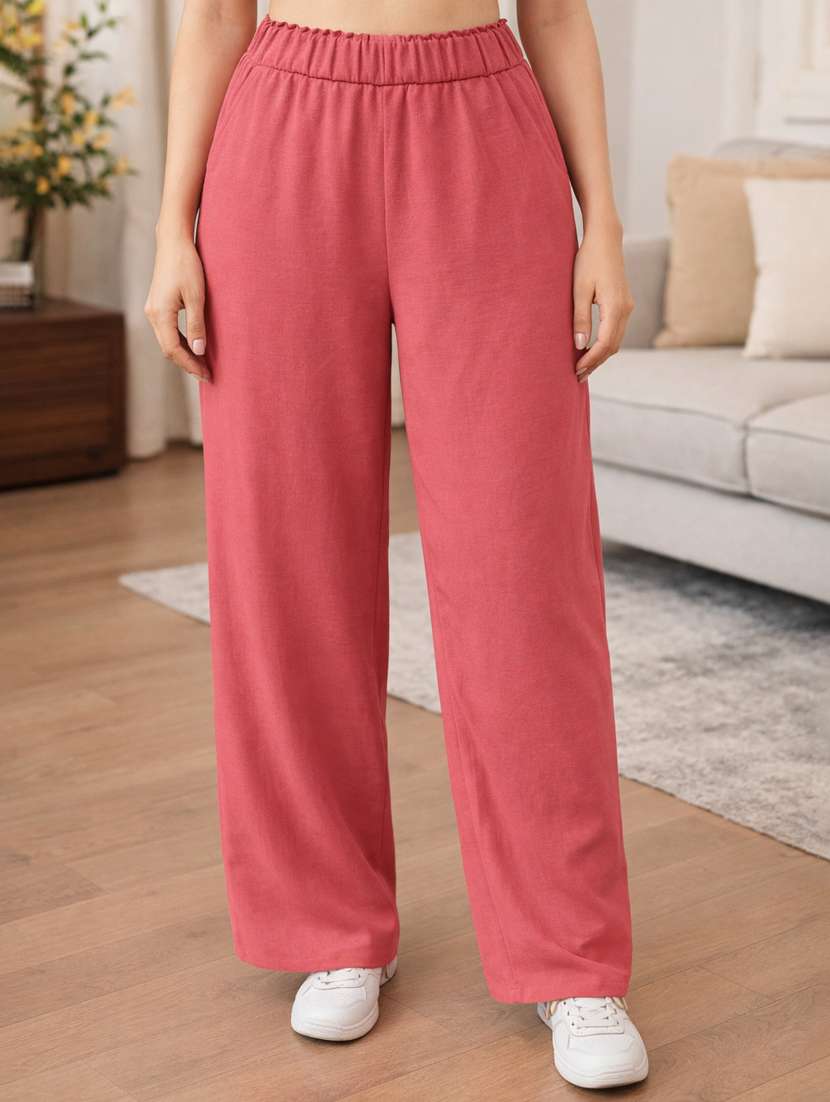 women solid high rise wide leg trouser