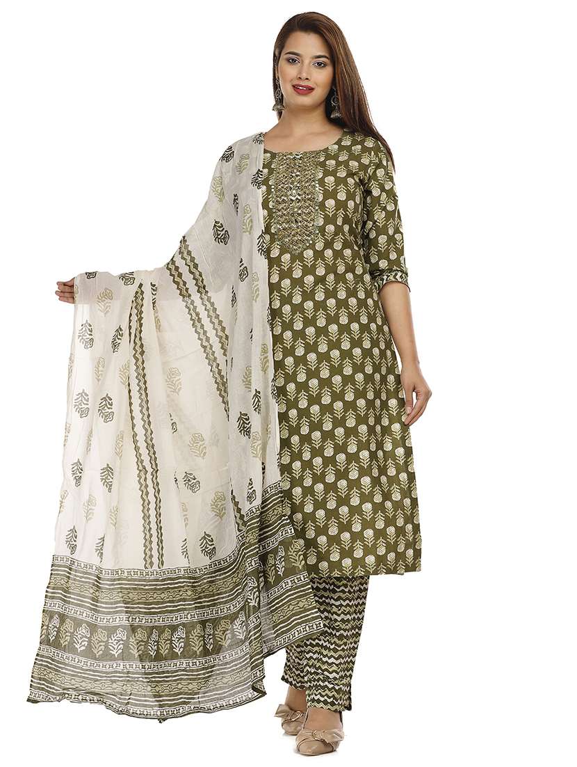 women printed three quarter sleeve kurta pant with dupatta set