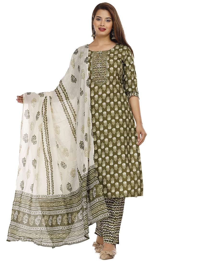 women printed three quarter sleeve kurta pant with dupatta set