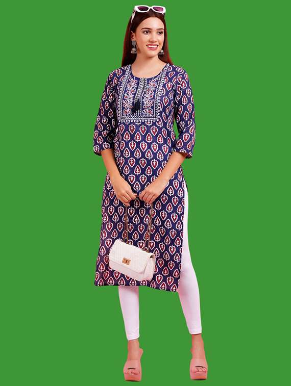 women printed three quarter sleeve straight kurta