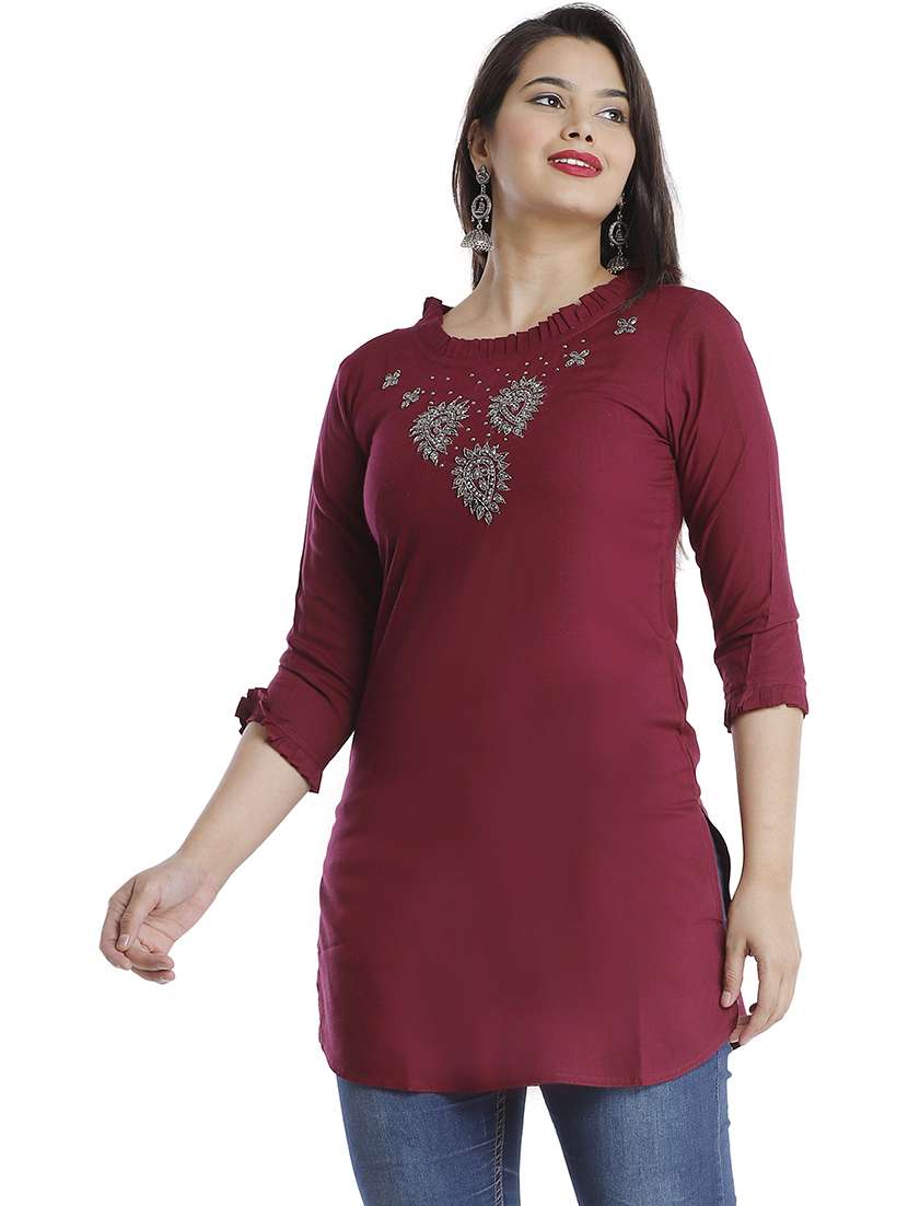 women solid with work three quarter sleeve straight kurti