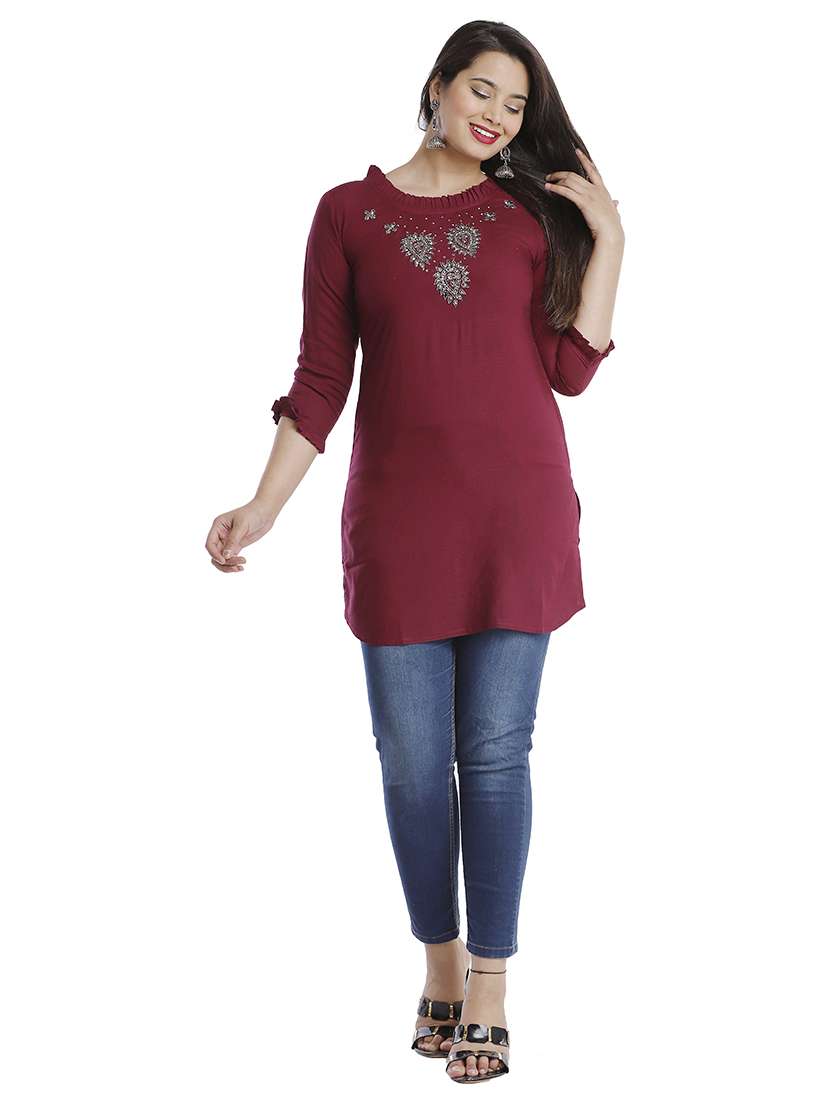 women solid with work three quarter sleeve straight kurti - 22310850 -  Standard Image - 3