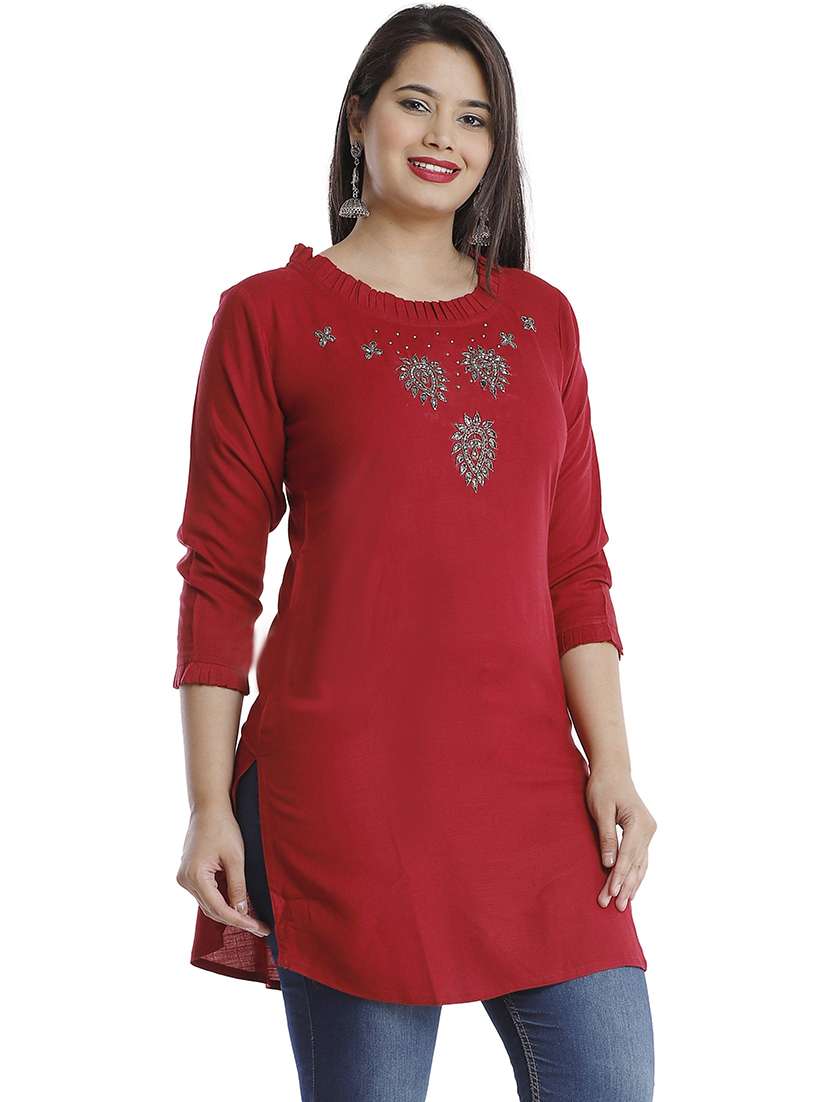 women solid with work three quarter sleeve straight kurti
