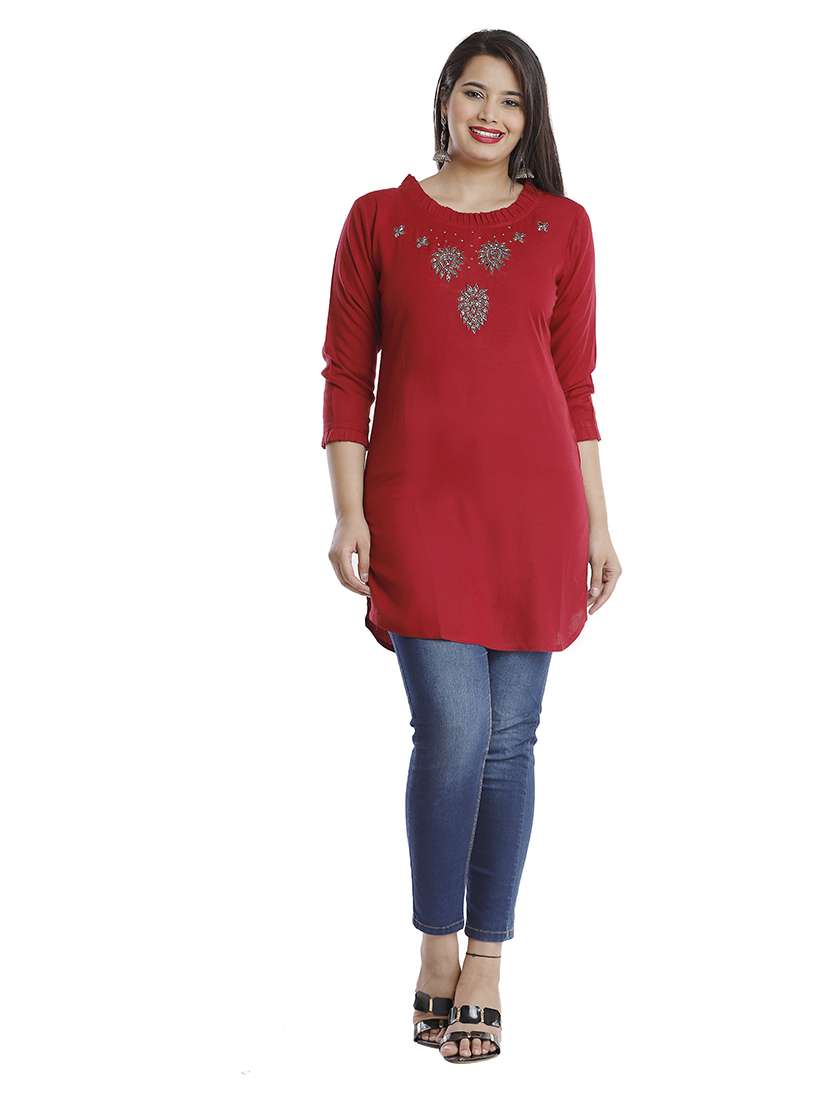 women solid with work three quarter sleeve straight kurti - 22310851 -  Standard Image - 3