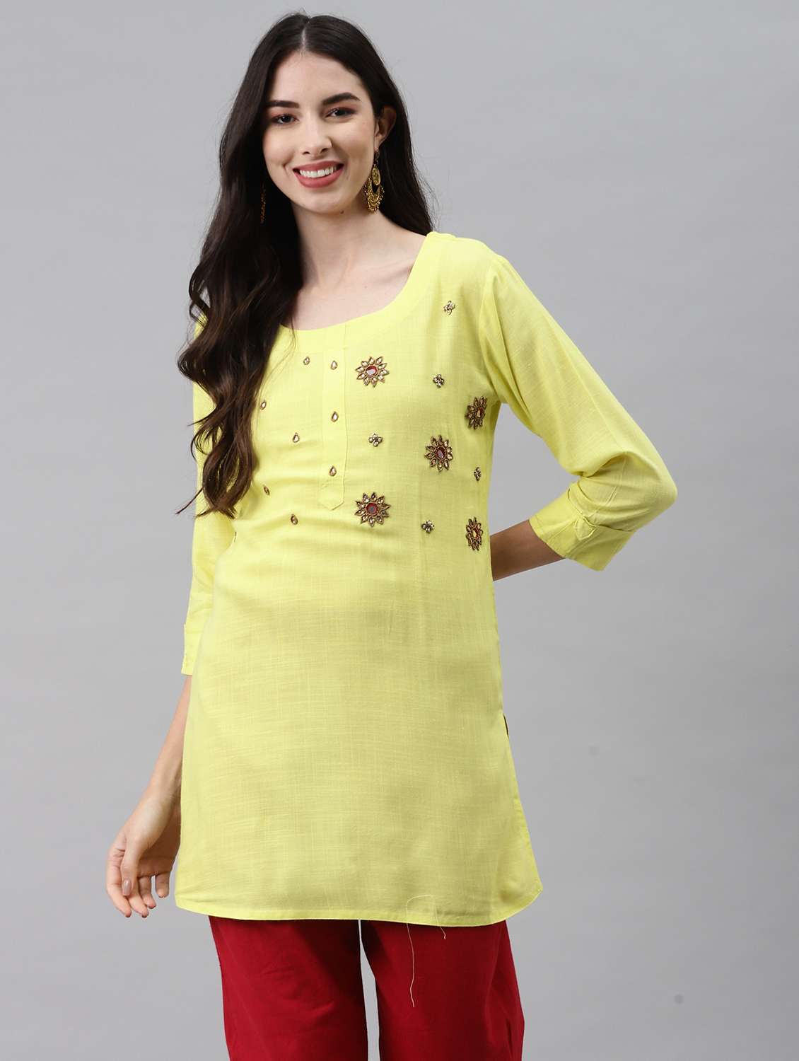 women solid with work three quarter sleeve straight kurti