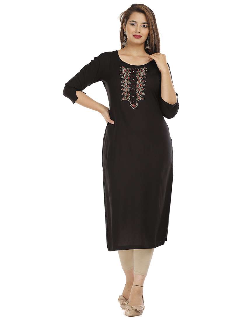 women solid with work three quarter sleeve straight kurta