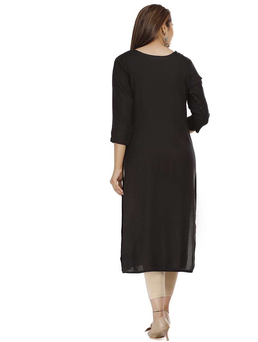 women solid with work three quarter sleeve straight kurta - 22310871 -  Standard Image - 3