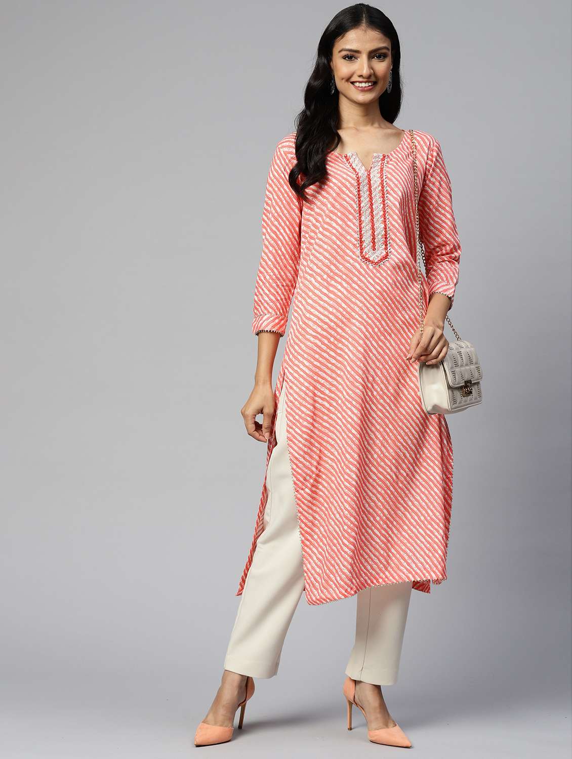 women leheriya three quarter sleeve straight kurta