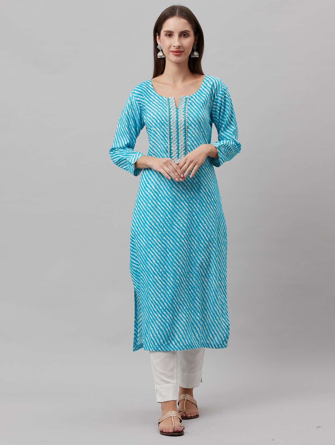 women leheriya three quarter sleeve straight kurta