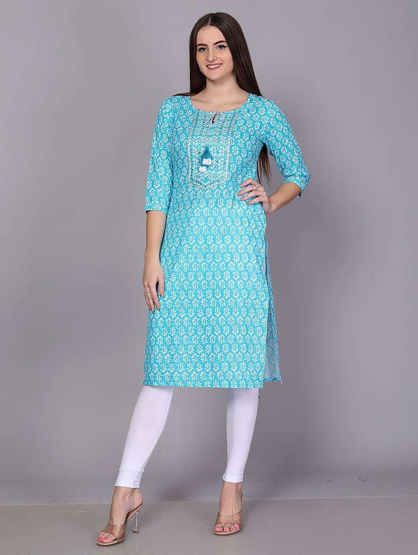 women printed three quarter sleeve straight kurta