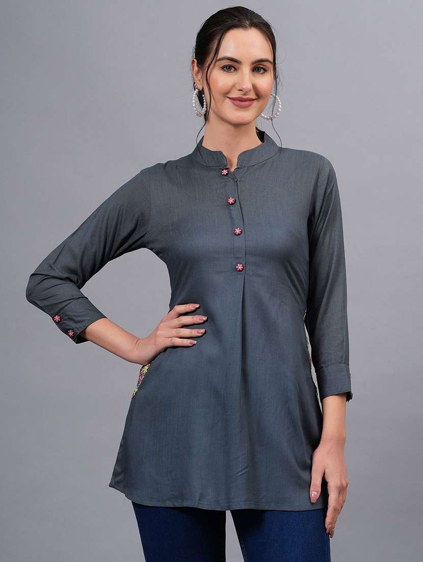 women solid three quarter sleeve a-line kurti