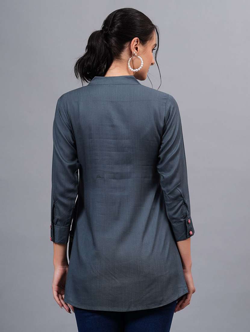 women solid three quarter sleeve a-line kurti - 22310889 -  Standard Image - 3