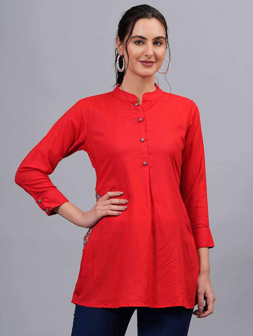 women solid three quarter sleeve a-line kurti