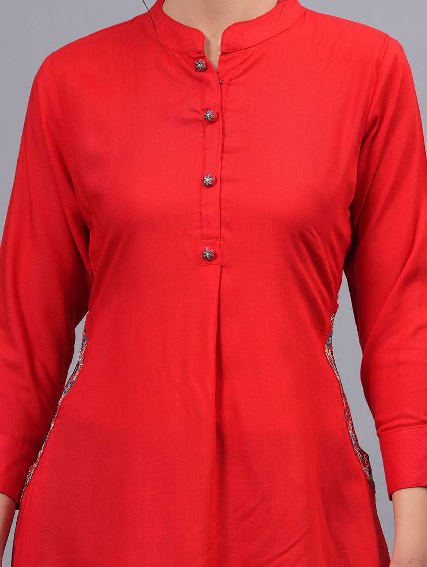women solid three quarter sleeve a-line kurti - 22310890 -  Standard Image - 3