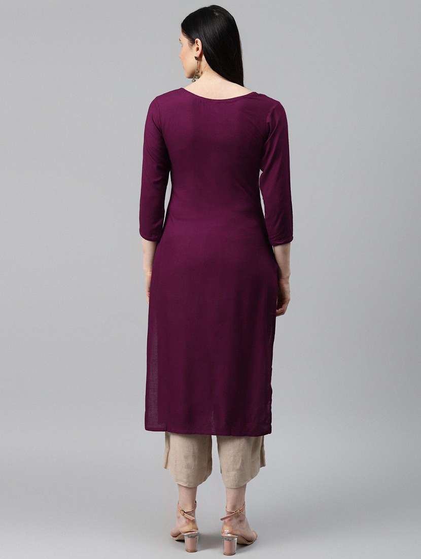 women solid with work three quarter sleeve straight kurta - 22310901 -  Standard Image - 3