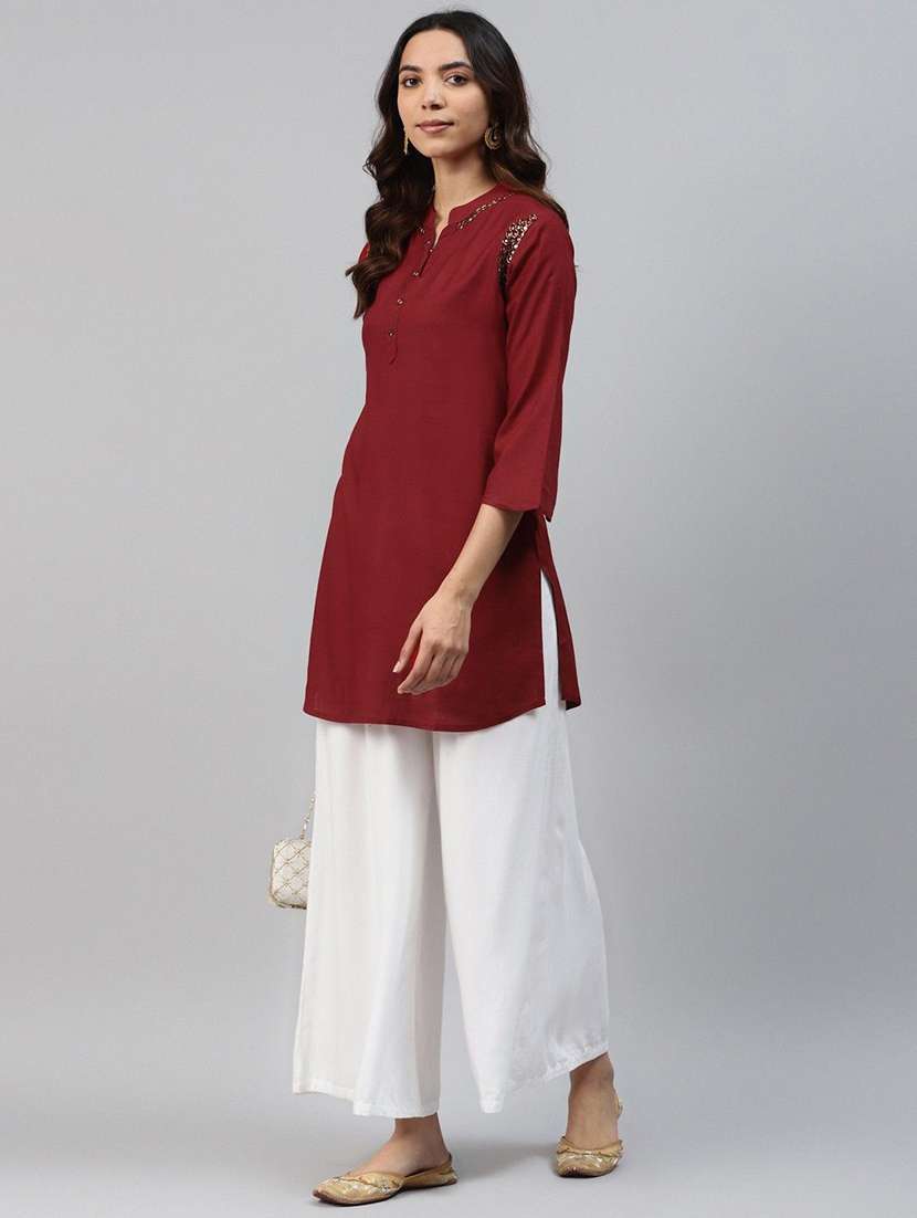 women solid three quarter sleeve straight kurti - 22310903 -  Standard Image - 3