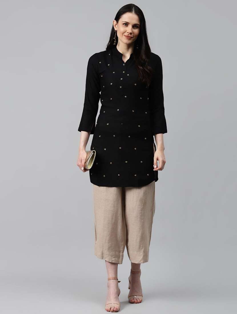 women solid with work three quarter sleeve straight kurti - 22310904 -  Standard Image - 3