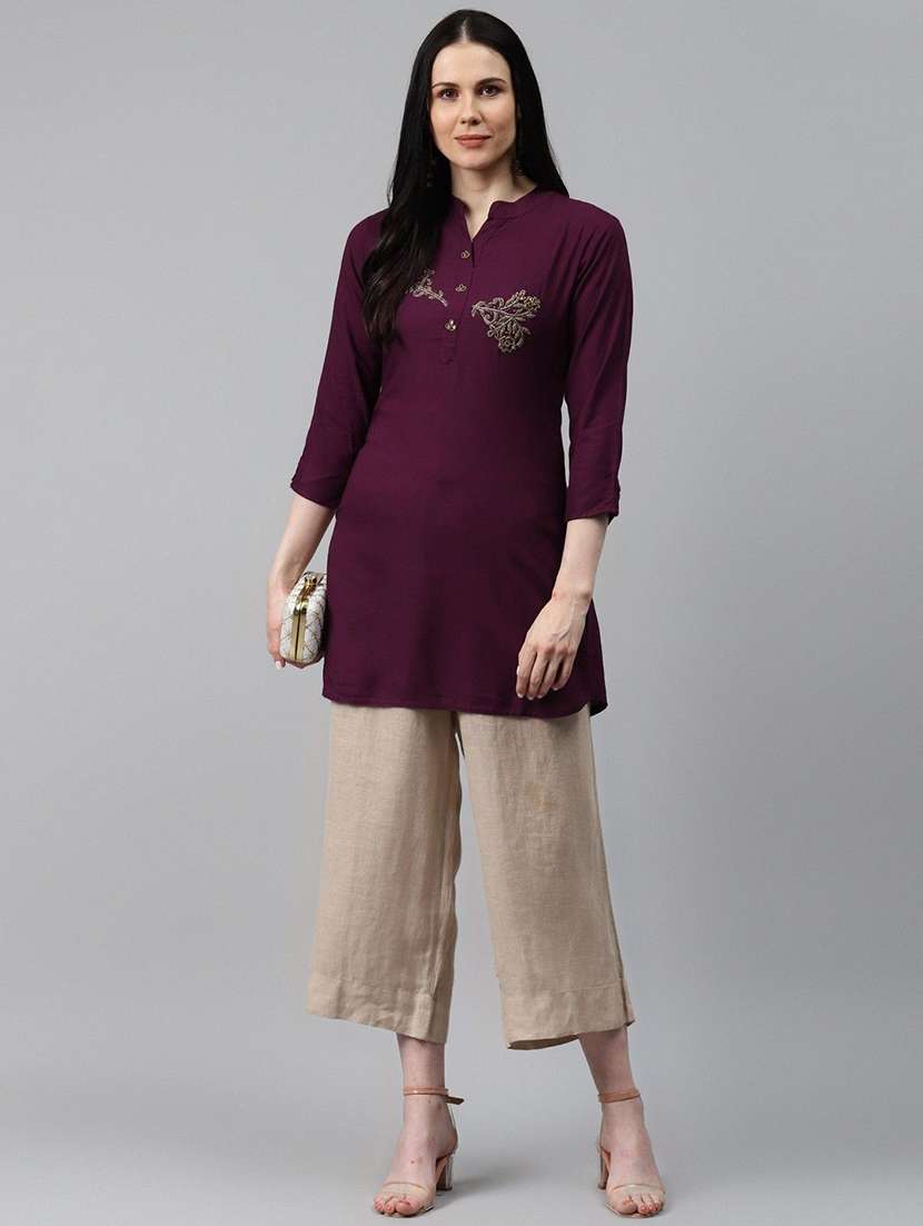 women solid with work three quarter sleeve straight kurti - 22310905 -  Standard Image - 3