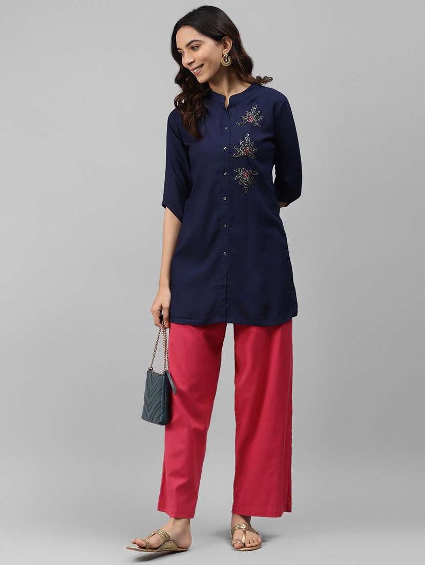 women solid with work three quarter sleeve straight kurti - 22310906 -  Standard Image - 3