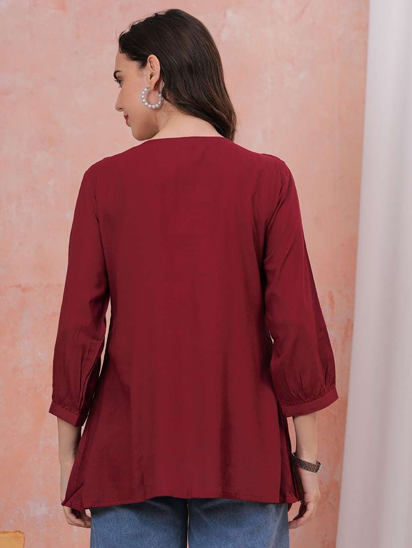 women solid with work three quarter sleeve ethnic top - 22310920 -  Standard Image - 3