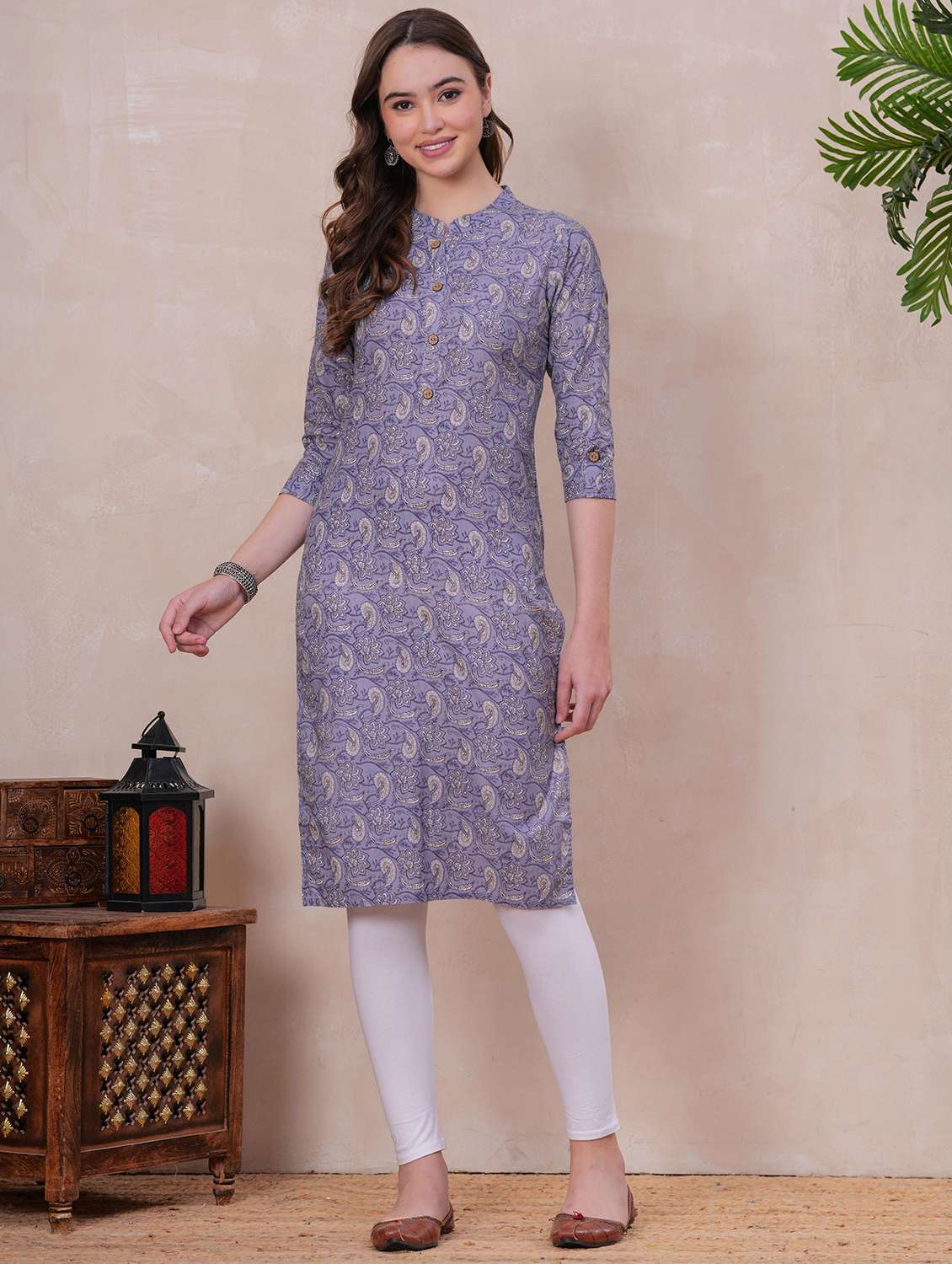 women paisley three quarter sleeve straight kurta