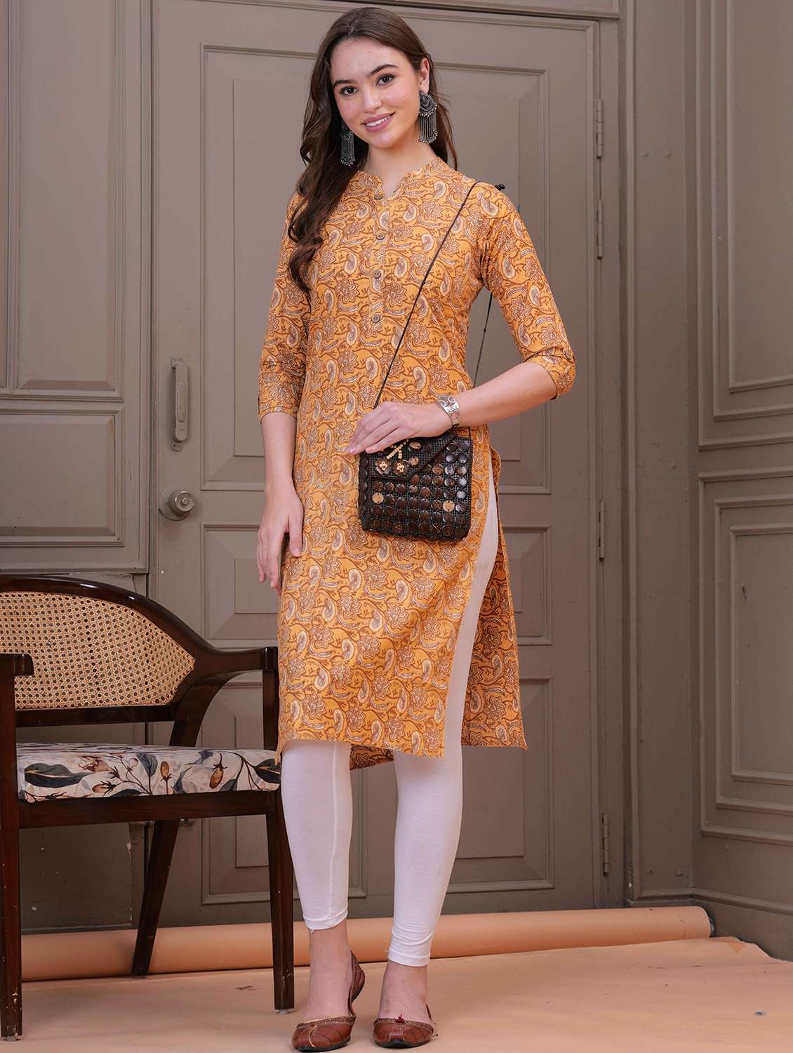 women paisley three quarter sleeve straight kurta