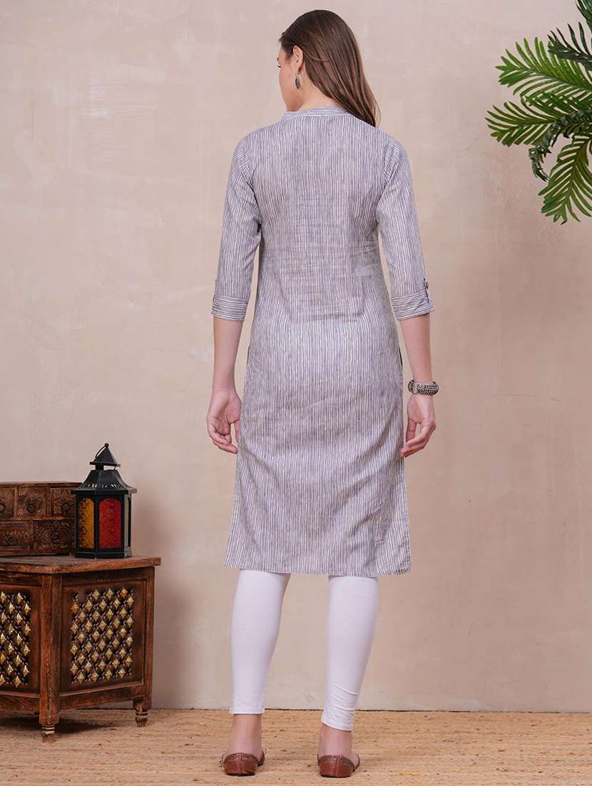women striped three quarter sleeve straight kurta - 22310926 -  Standard Image - 3