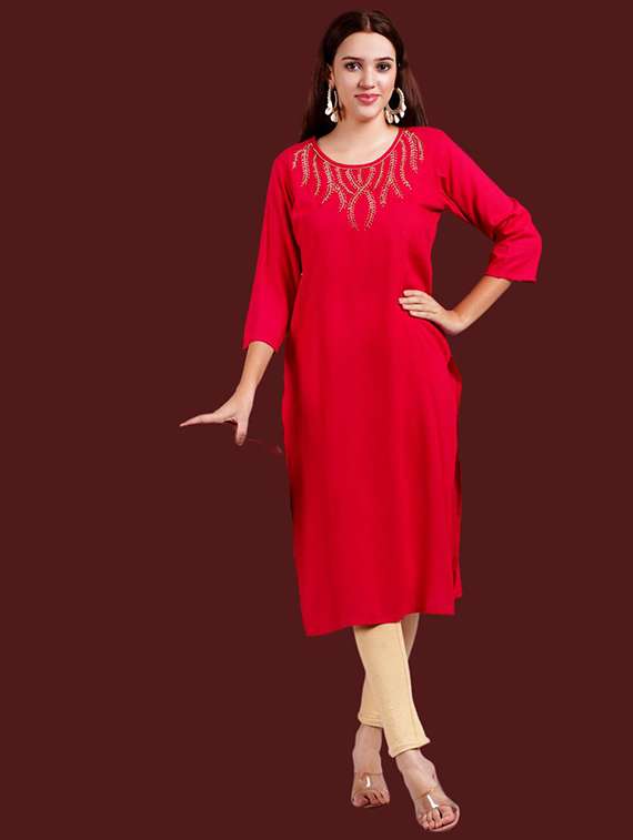 women solid with work three quarter sleeve straight kurta