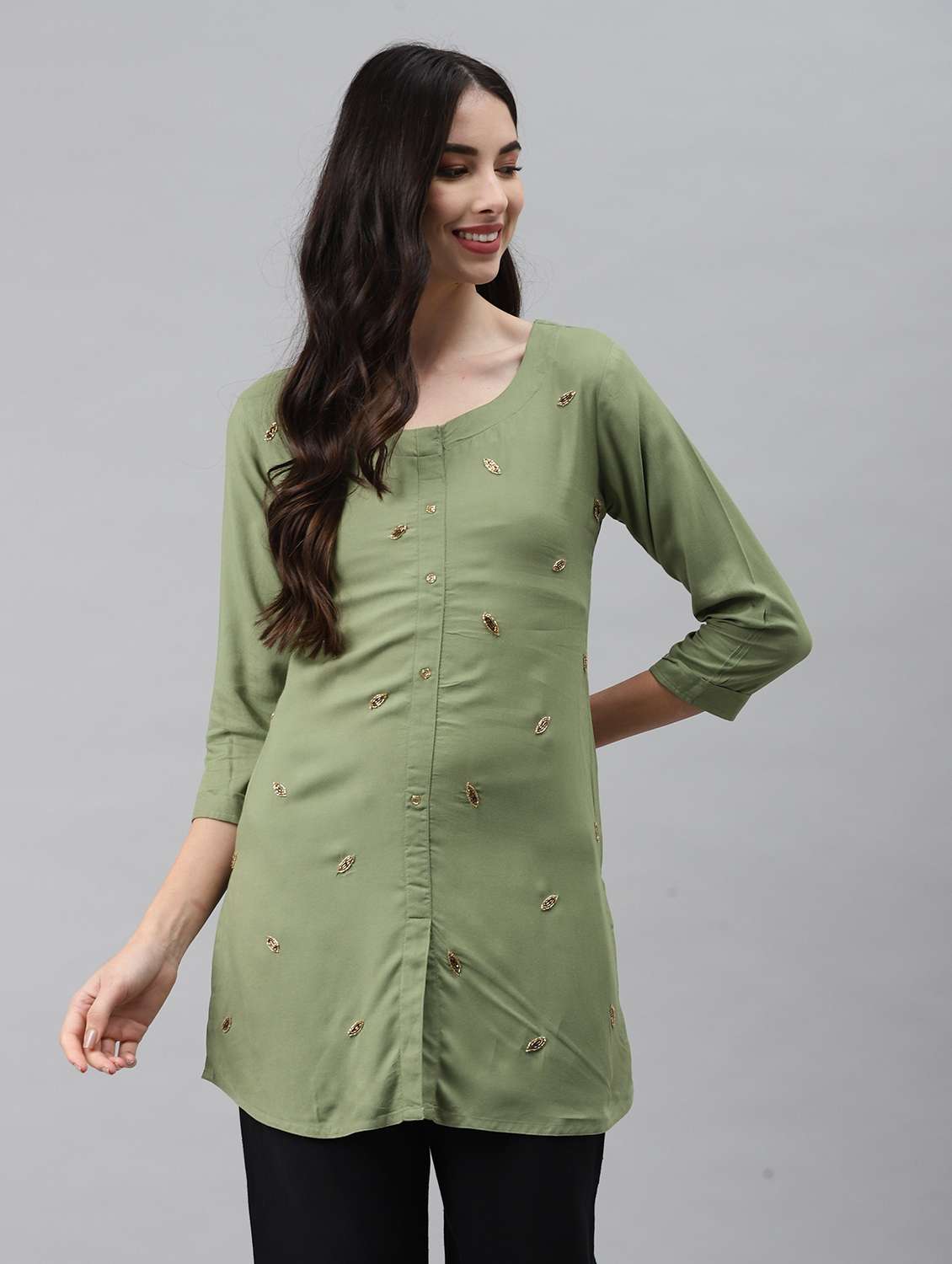 women solid with work three quarter sleeve straight kurti