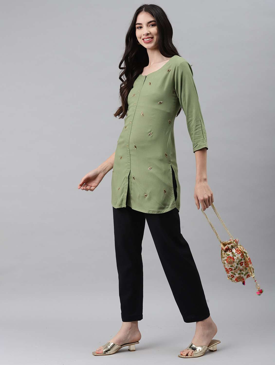 women solid with work three quarter sleeve straight kurti - 22310943 -  Standard Image - 3