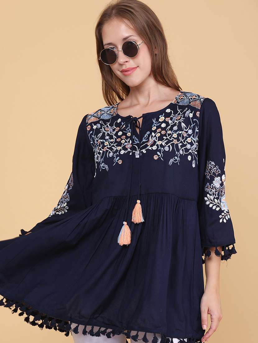 women embroidered bell sleeves flared kurti