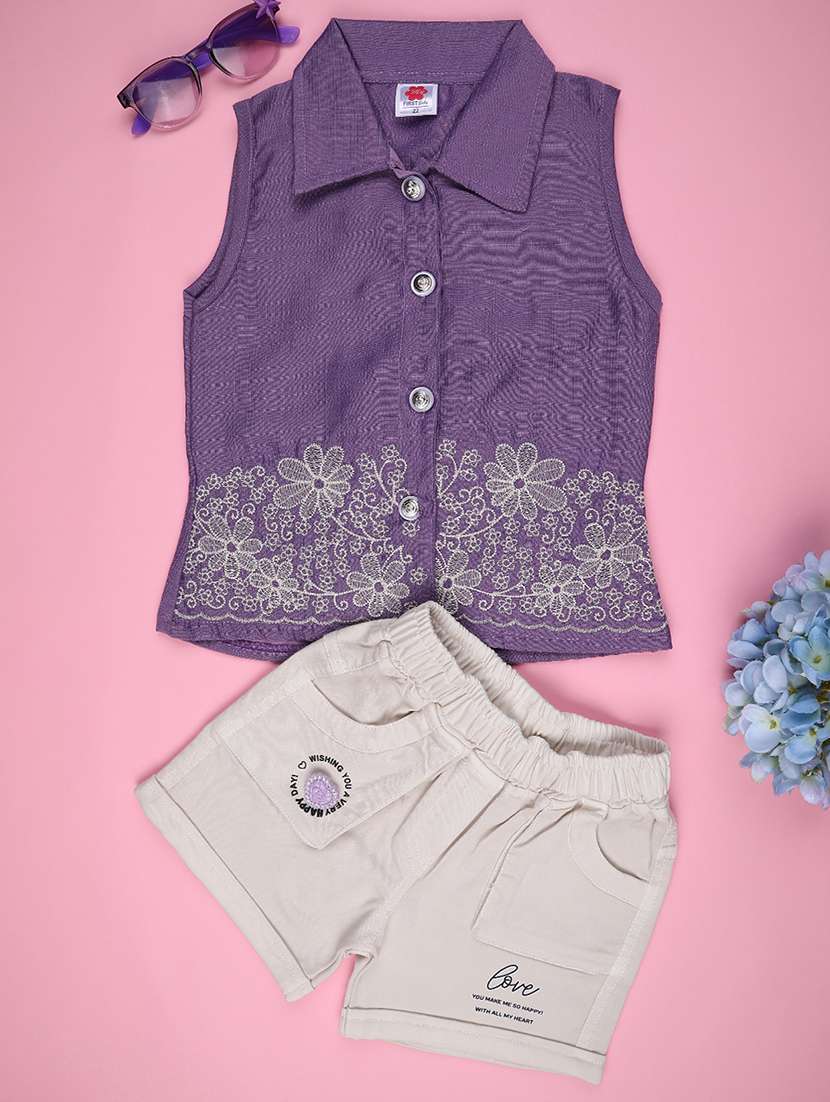 girls embroidered top and short set