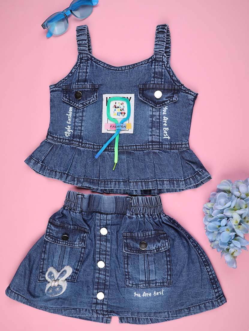 girls solid denim top and short set