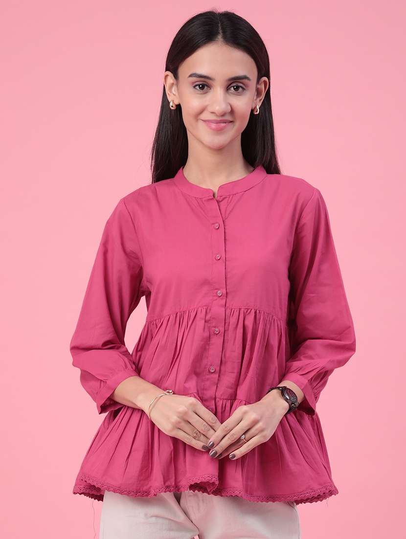 women solid three quarter sleeves tiered top