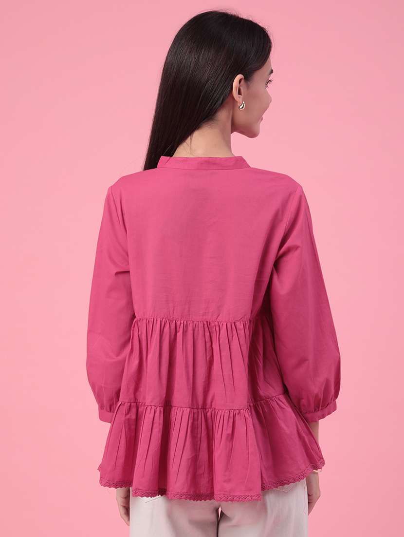 Women Solid Three Quarter Sleeves Tiered Top - 22312087 -  Standard Image - 3