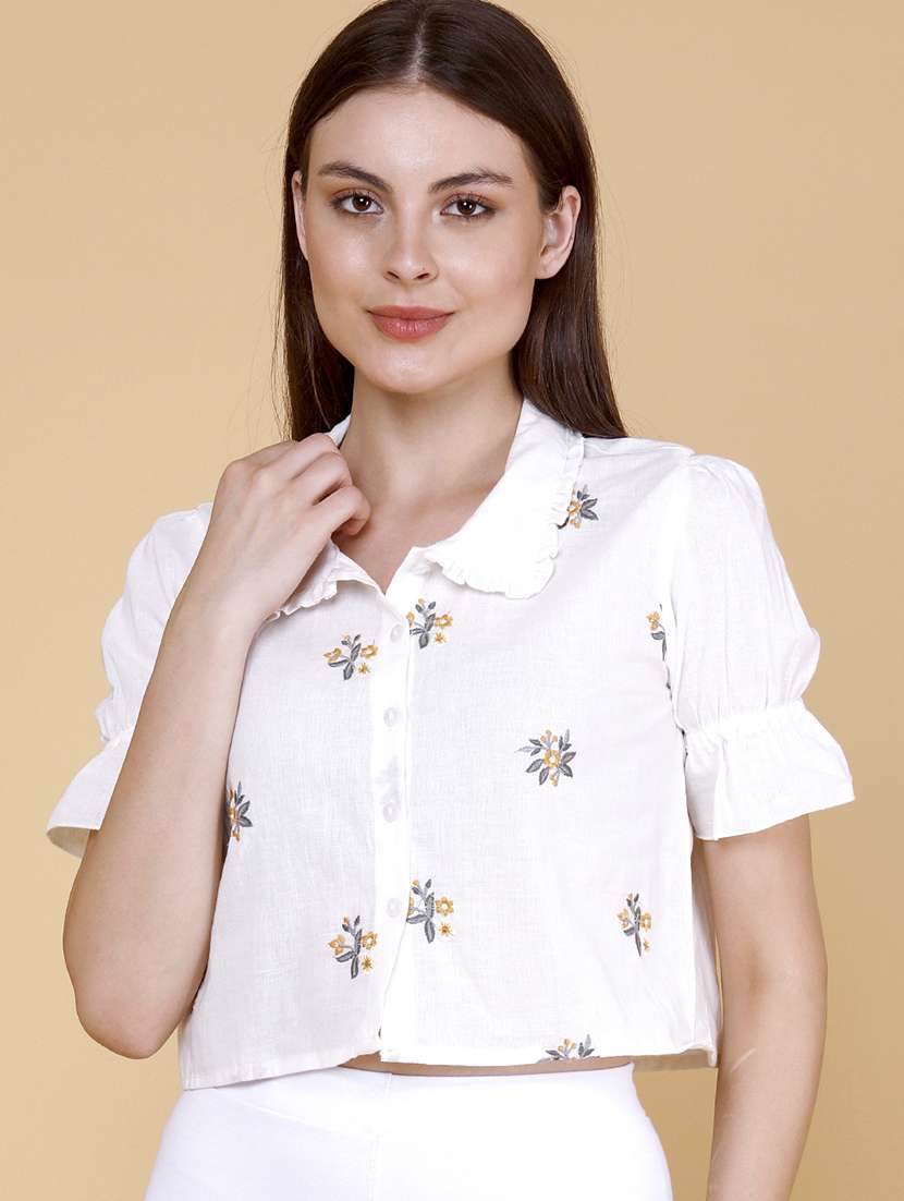 women embroidered short sleeves crop top