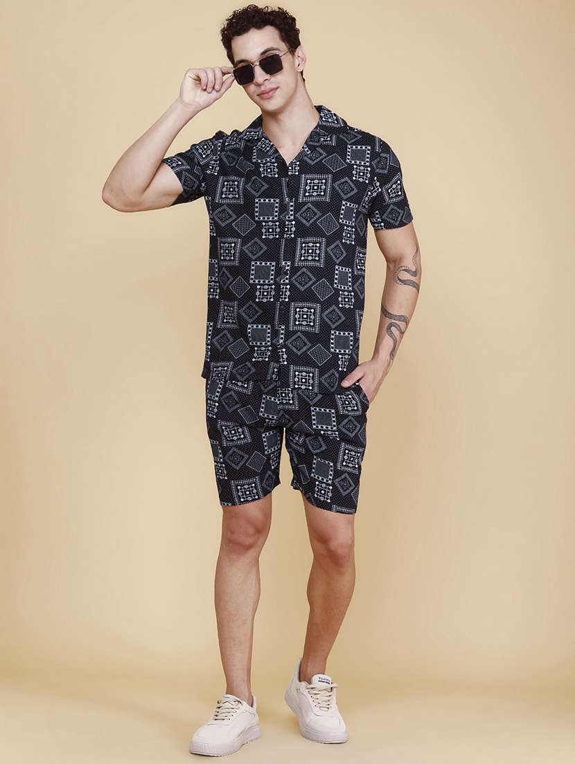 men printed short sleeves shirt and shorts co-ord set