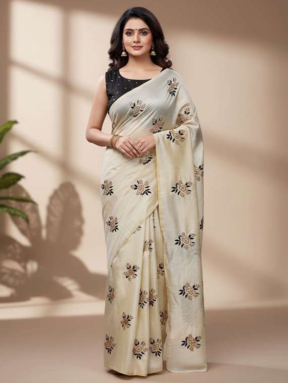 women solid with work embroidered saree with blouse