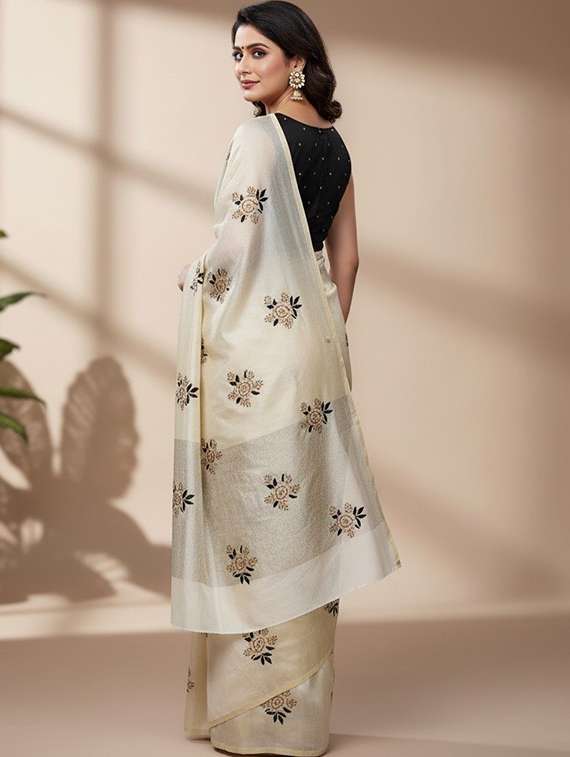 women solid with work embroidered saree with blouse - 22312151 -  Standard Image - 3