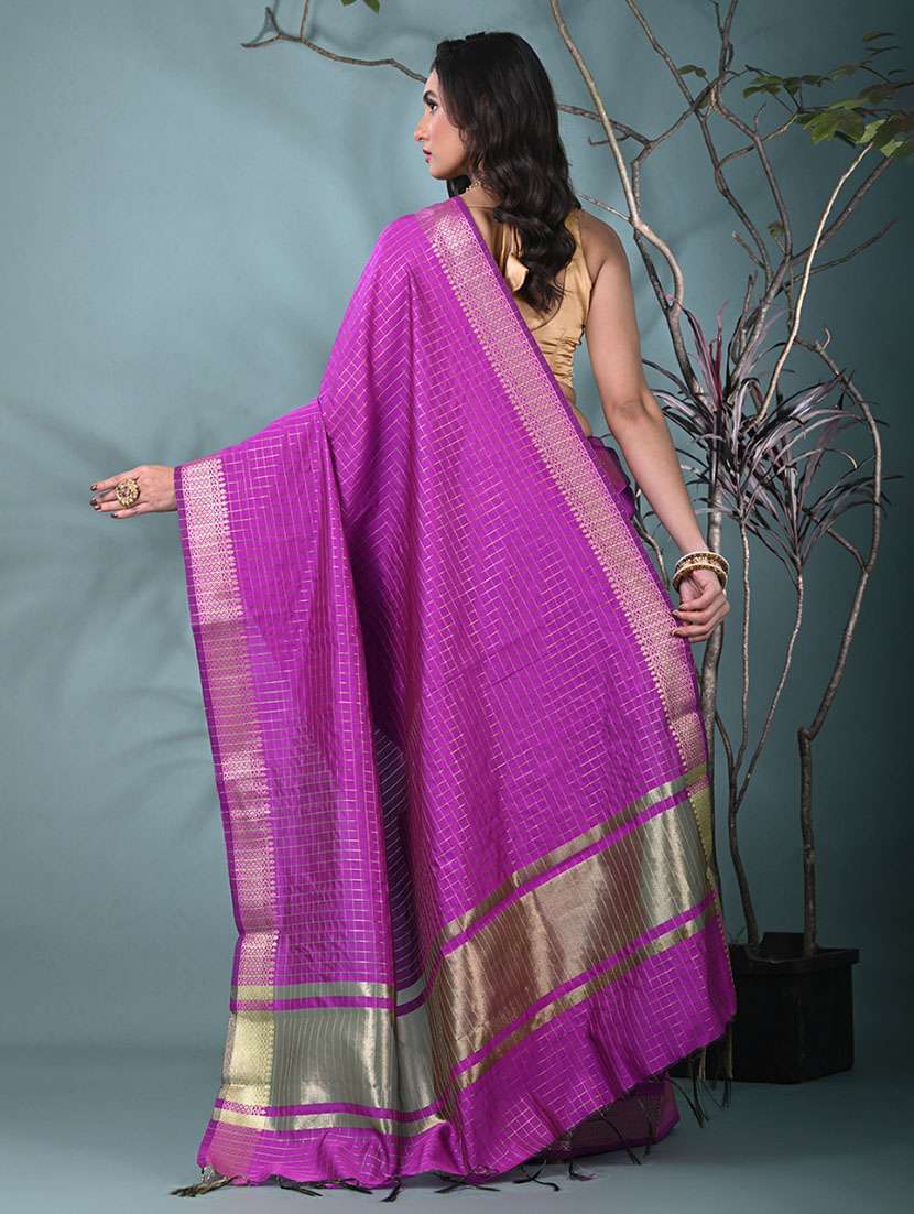 women checkered bordered saree with blouse - 22312708 -  Standard Image - 3