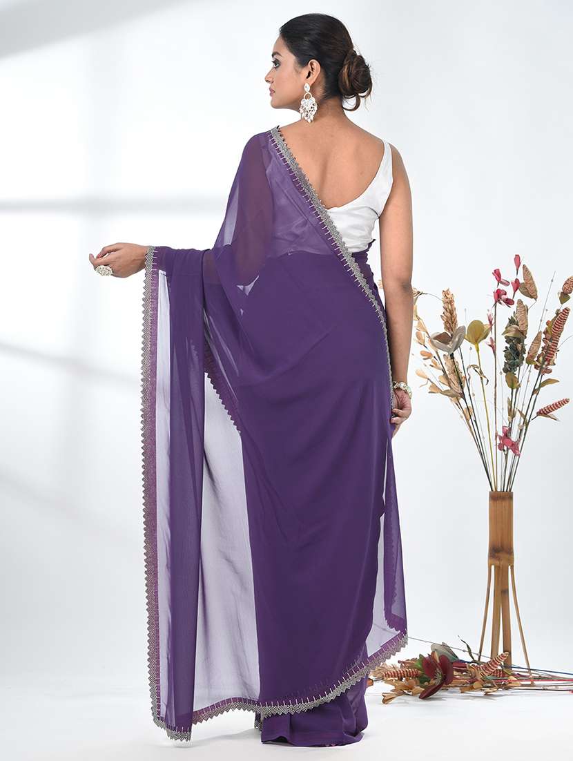 women solid with embellished bordered saree with blouse - 22312777 -  Standard Image - 3