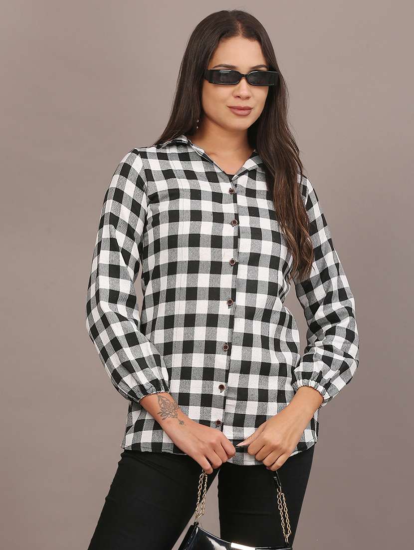 women checkered lapel collar long sleeve shirt