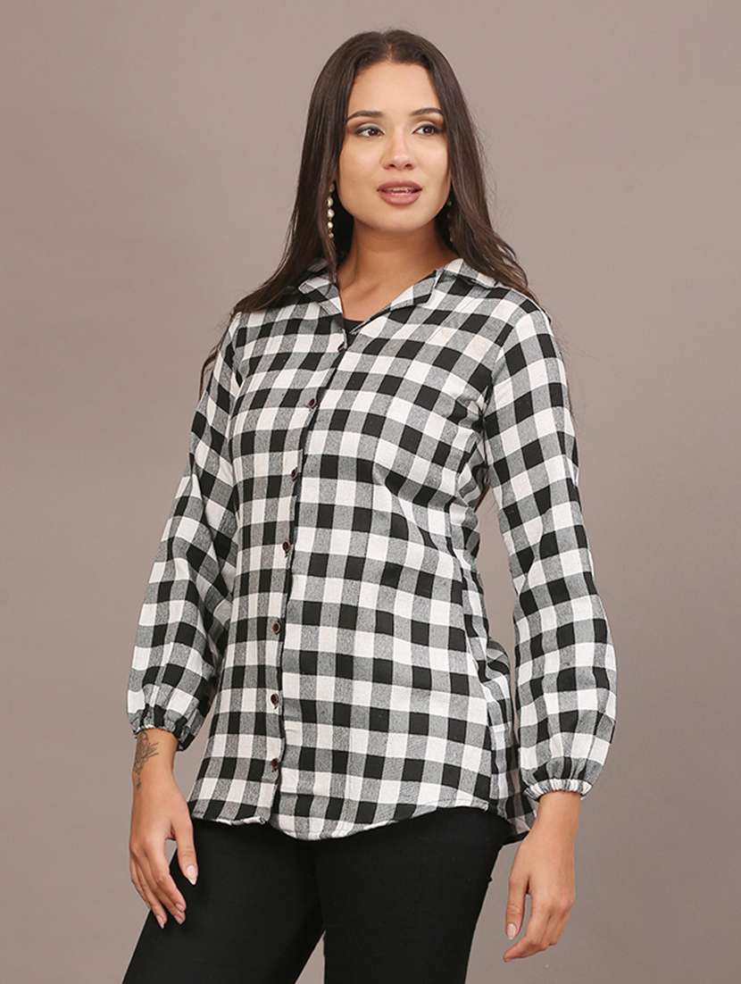 women checkered lapel collar long sleeve shirt - 22312844 -  Standard Image - 3