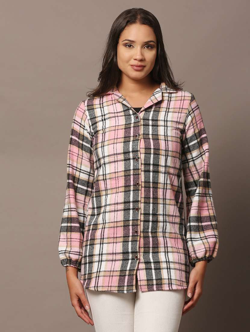 women checkered collared long sleeve shirt