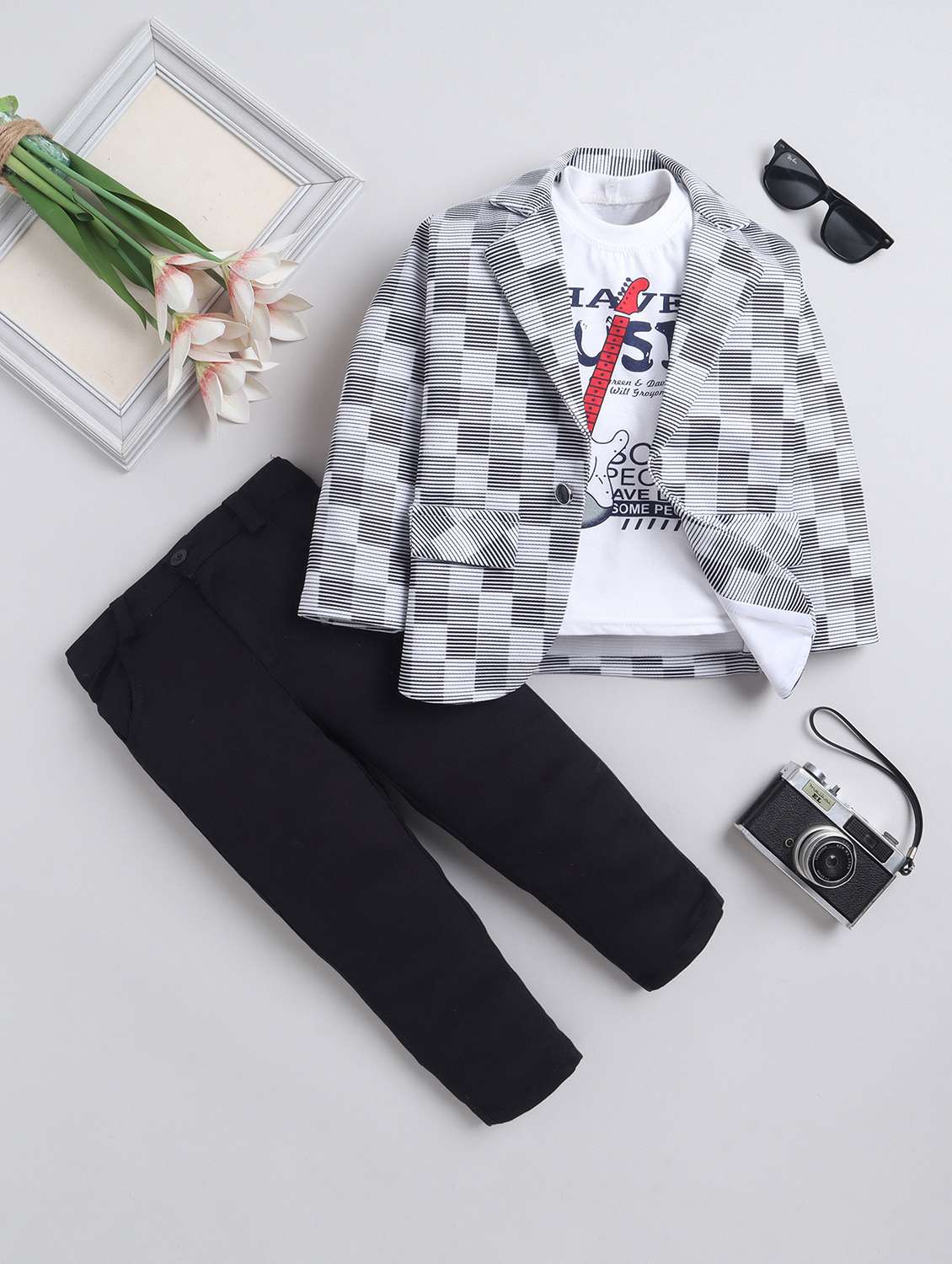 boys printed blazer and trouser with t-shirt set