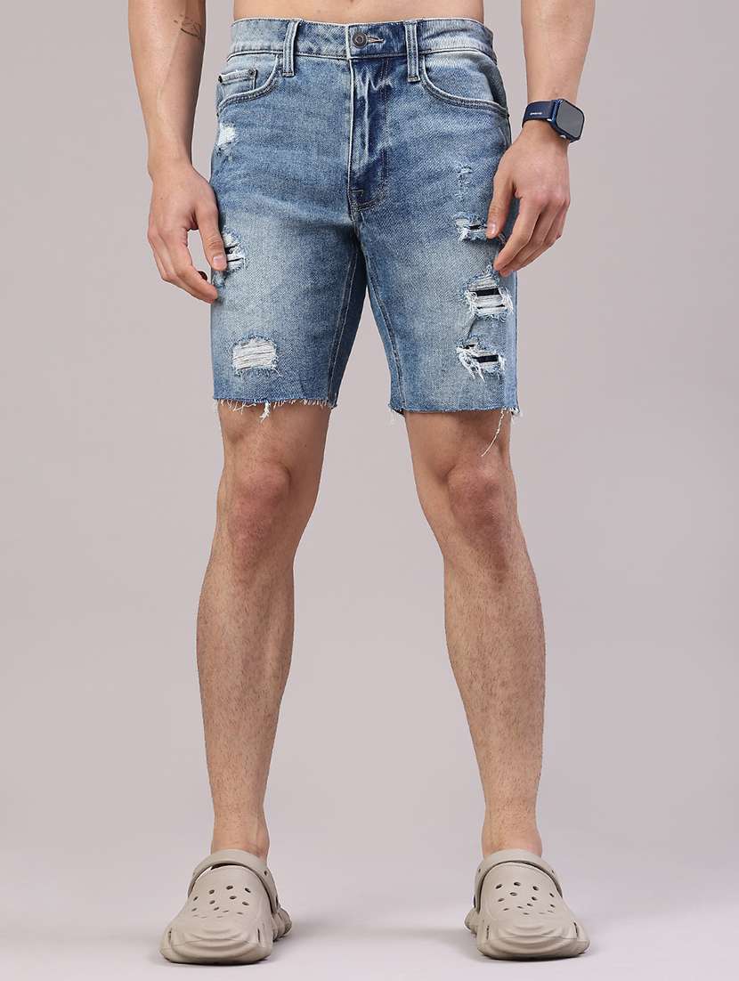 men distress mid rise regular fit denim shorts