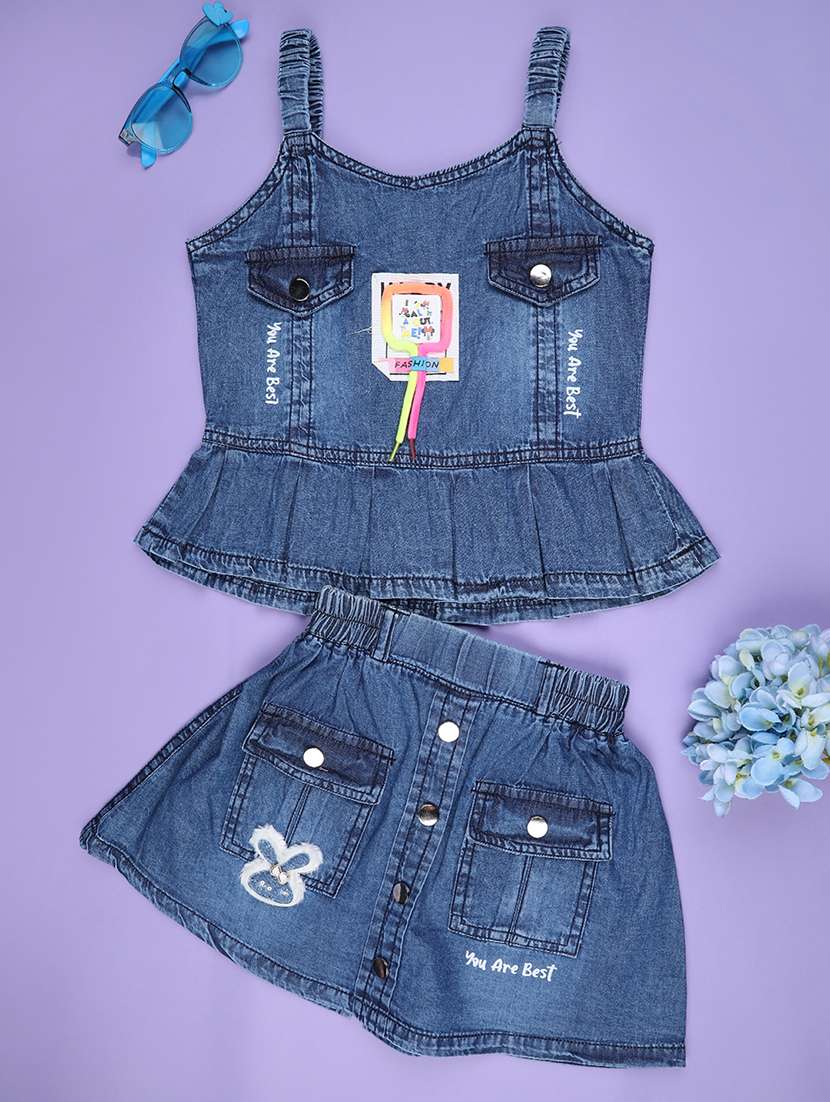 girls solid denim top and short set